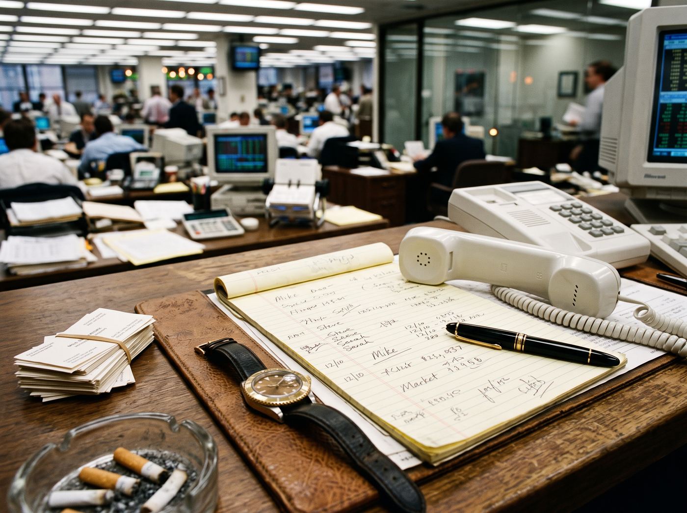 A broker’s desk: landline off the hook, legal pad, watch, ashtray.