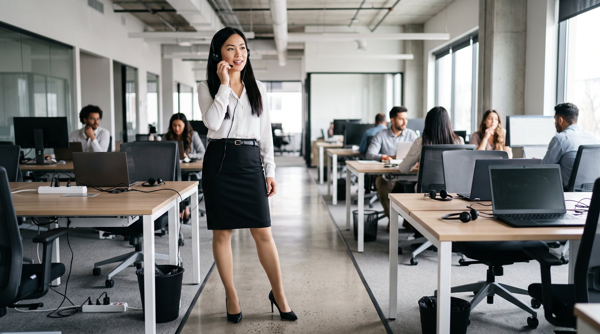 A woman on a headset in a call center.