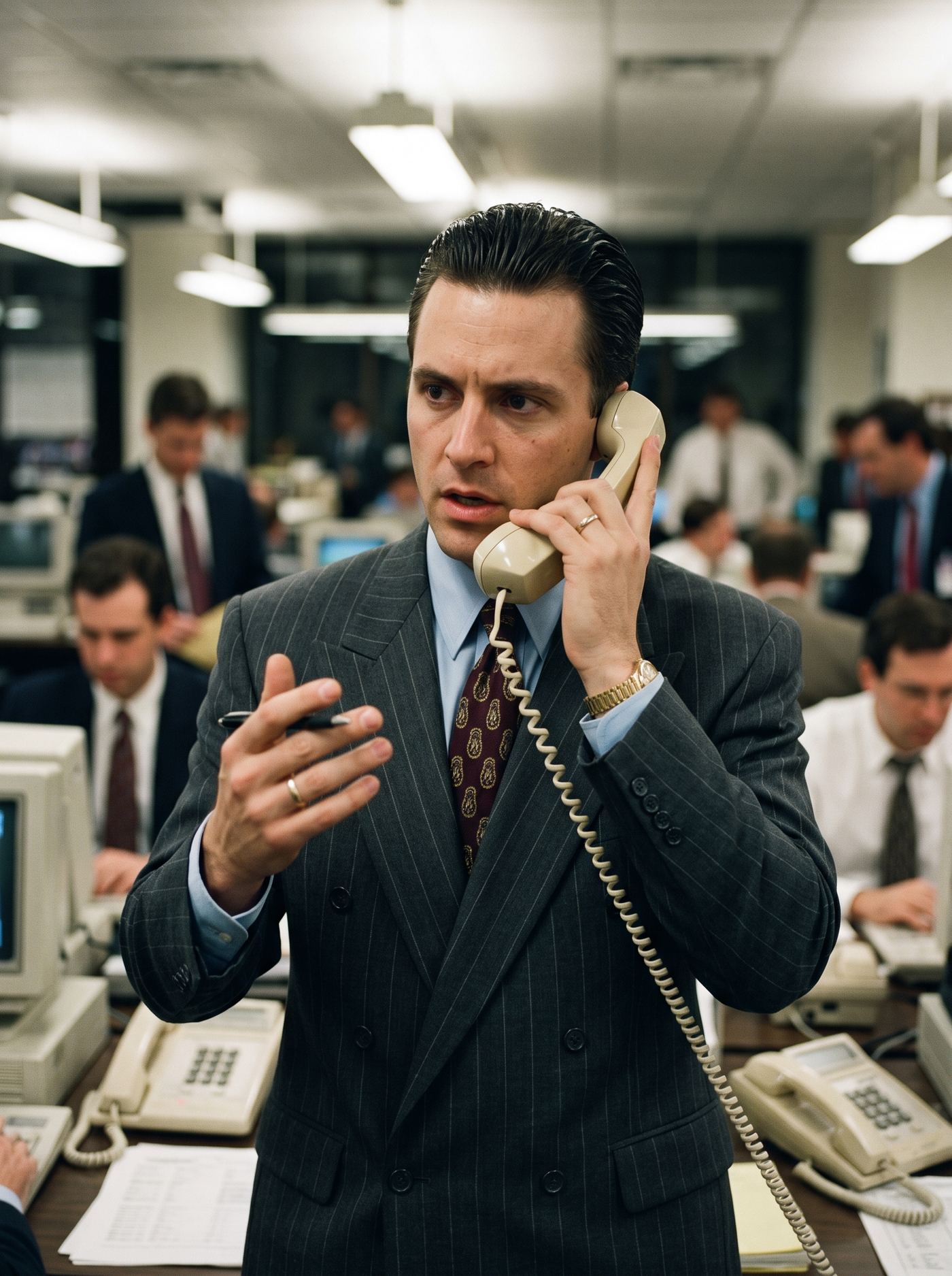 A salesman on a landline in a 1990s boiler-room office.